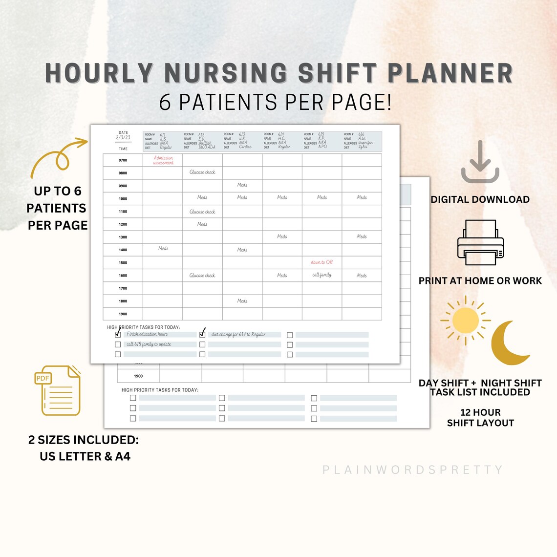Nurse Hourly Planner Printable Nursing Shift Organizer 12 Hour Shift ...