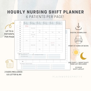 Nurse Hourly Planner Printable Nursing Shift Organizer 12 Hour Shift Planner nurse Brain Sheet Nursing School Planner Digital Download