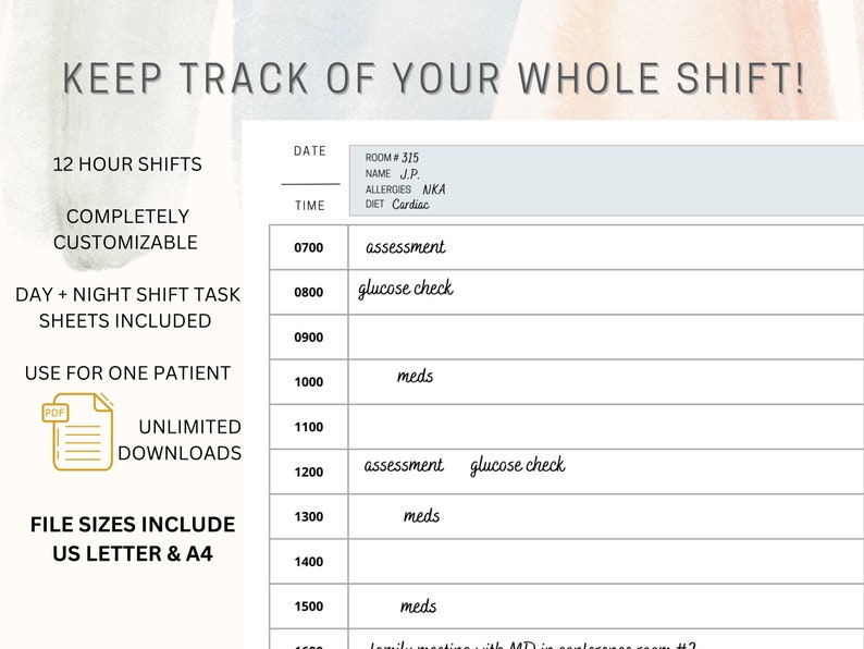 Task Tracker For Nurses Example Single Patient Nurse Shift Planner – Hourly Nursing Task Sheet ...