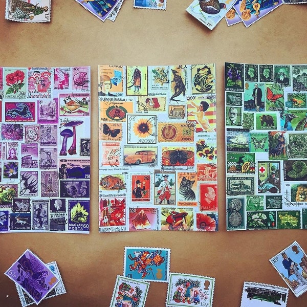 stamp collage postcards;  ideal for sending a little note, postcrossing, penpalling or display