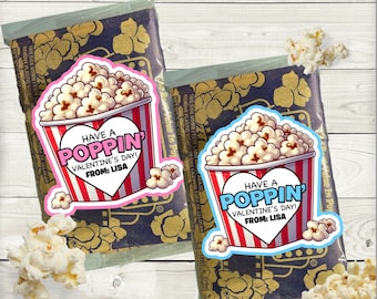 Valentine Popcorn Stickers, Valentines Day Popcorn Favor, Boy Girl Kids Classroom Labels, Popcorn School Kids Valentines