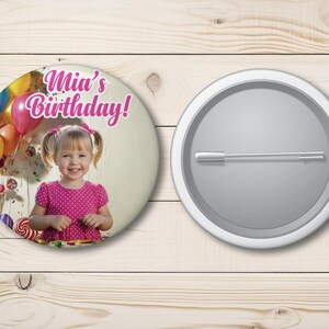 Photo and Text Button Pins, 2.25 inch Pinback Buttons, Personalized Picture Pins, Badges, Same Day Design Proof, Birthday Button