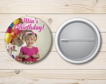 Photo and Text Button Pins, 2.25 inch Pinback Buttons, Personalized Picture Pins, Badges, Same Day Design Proof, Birthday Button