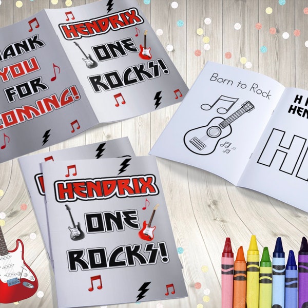 One Rocks Coloring Books, Rock and Roll Birthday Invitation, Guitar Birthday, Punk Rock Birthday, Star Party Invitation, Rock Theme