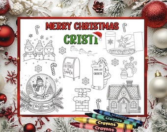 May include: A black and white coloring page with a Christmas theme. The page features images of snowmen, a mailbox, a snow globe, a gingerbread house, and a Santa Claus. The text "Merry Christmas Cristi" is at the top of the page. There are also crayons at the bottom of the page.