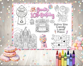 Personalisierte Candyland Aktivitätsblatt, Candyland Tischsets, Candyland Malseite, Candyland Geburtstagsgeschenke, Candyland Tischdekor