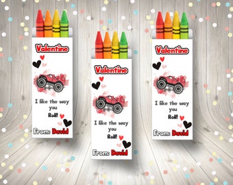 May include: Valentine's Day card with a monster truck design and the text "I like the way you Roll!"  The card is decorated with hearts and comes with a pack of crayons.