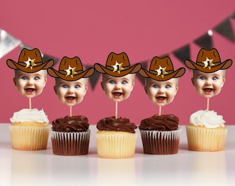Cowboy Cupcake Toppers mit Gesicht, Foto Cowboyhut, Geburtstag Dekorationen, Ruhestandsfeier, Personalisiert, Brautparty, Mein erstes Rodeo
