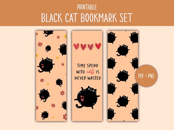 Printable Black Cat Bookmark Set Cute Halloween Black Cat - Etsy
