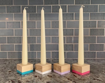 Wood Taper Candle Holder, Square - Colorful, Minimalist