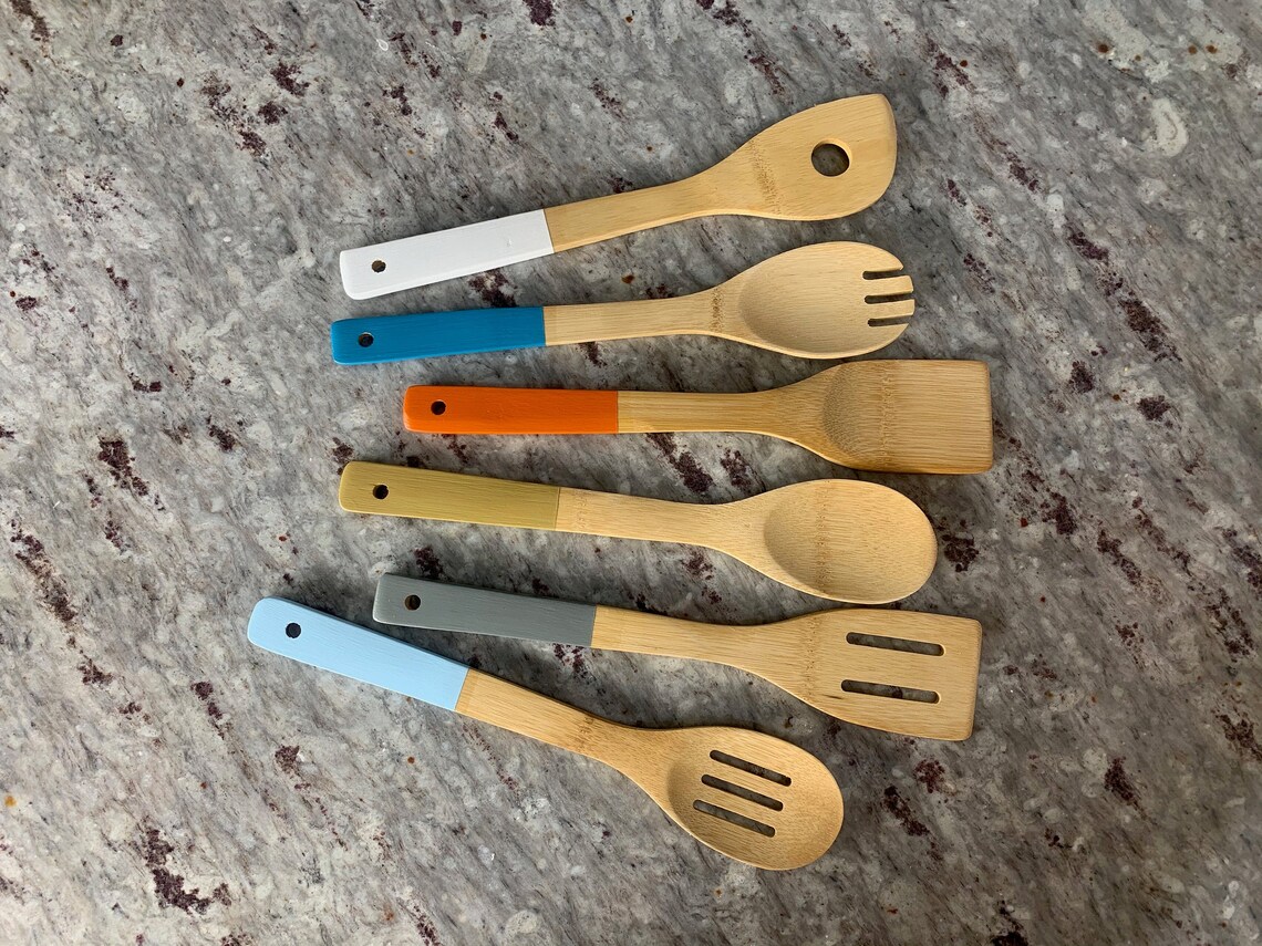 Colorful Wood Cooking Utensil Set Wood Kitchen Utensils Etsy