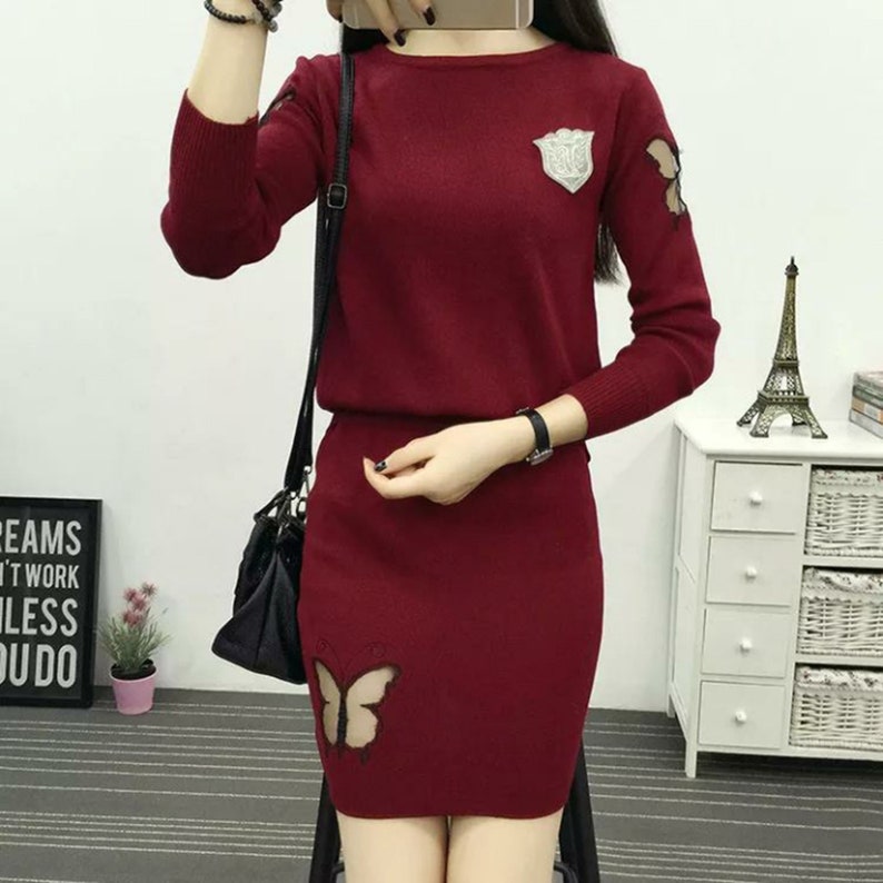 Cultivate One/'S Morality Package Buttocks Short Skirt Round Neck Long Sleeve Coat Sweater Dress Suit