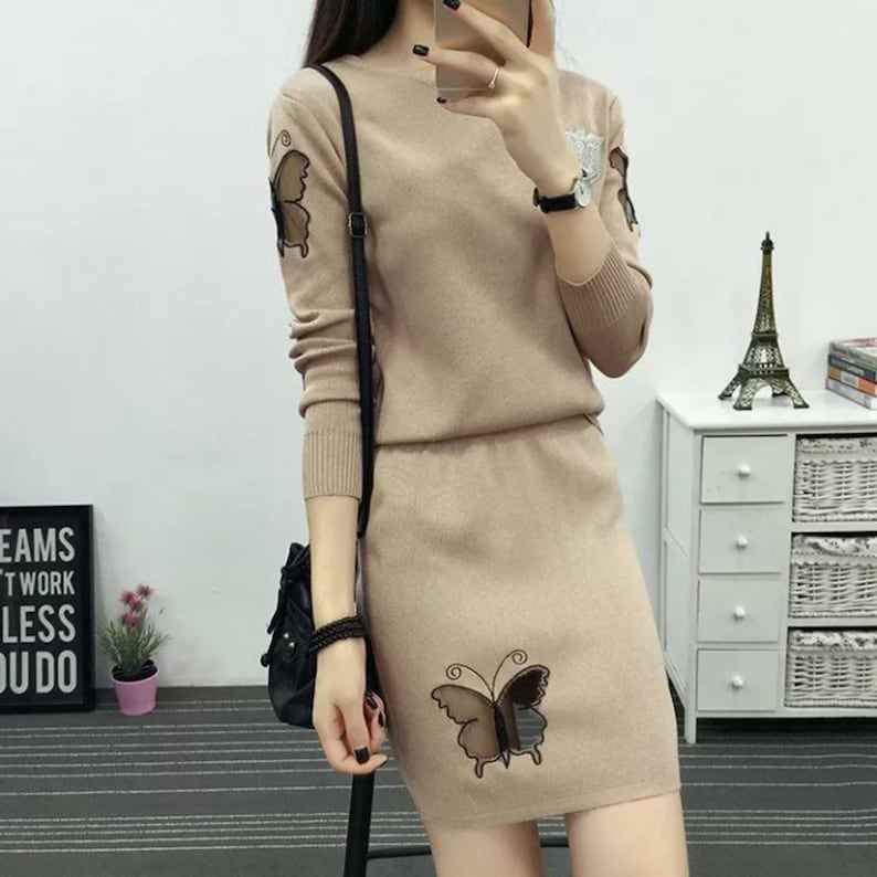 Cultivate One/'S Morality Package Buttocks Short Skirt Round Neck Long Sleeve Coat Sweater Dress Suit
