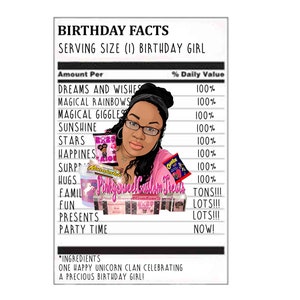 Puede incluir: Gráfico rectangular blanco con el texto "BIRTHDAY FACTS" y una ilustración de dibujos animados de una mujer. El gráfico enumera "Amount Per" y "% Daily Value" para elementos de cumpleaños como sueños, arcoíris y abrazos.