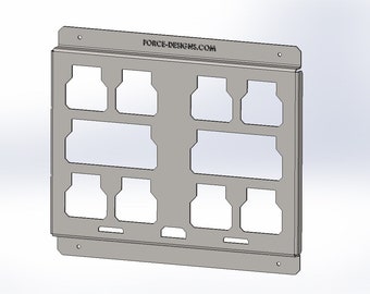 May include: A metal wall mount with nine rectangular cutouts, designed to hold various items. The wall mount is silver and has the text "FORCE-DESIGNS.COM" printed on the top.