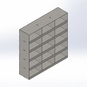 以下が含まれることがあります： 6段の棚と12の仕切りが付いた灰色の金属製の棚ユニット。棚は均等に間隔が空いており、仕切りはすべて同じサイズです。