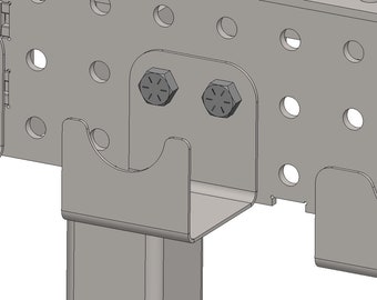 May include: Close-up of a metal bracket with two hexagonal nuts and bolts. The bracket is attached to a metal surface with holes.