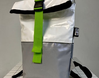 Handmade Upcycled Backpack, Waterproof, Durable, Unique Design with Inner Pocket and Key Strap.