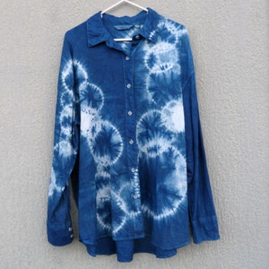 Glassons Brand Indigo Natural Hand Dyed Shibori Tie Dye Linen Shirt