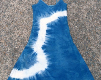 Natural Indigo Hand Dyed Shibori Tie Dye Long Dress Size L Organic Cotton