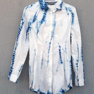 Atmos & Here Brand Indigo Natural Hand Dyed Shibori Tie Dye Cotton Shirt/Short Dress Size 8