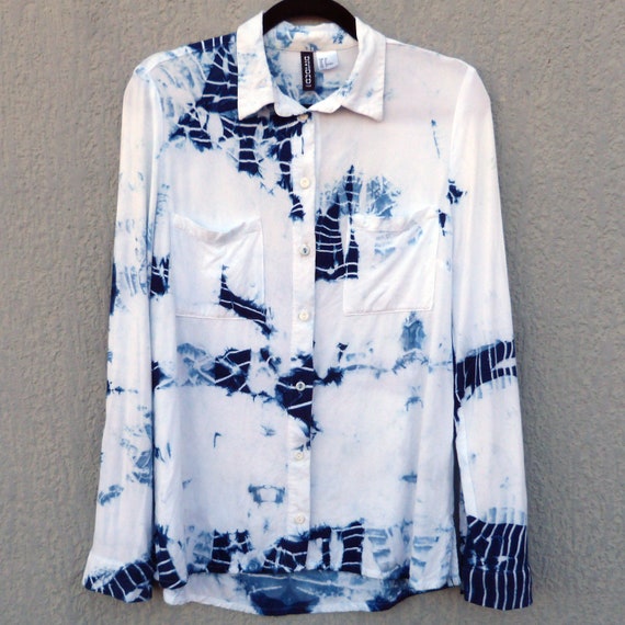 Divided H M Brand Indigo Natural Hand Dyed Shibori Tie Dye Viscose Shirt