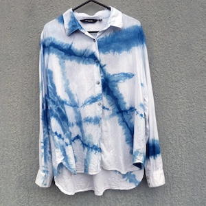 Glassons Brand Indigo Natural Hand Dyed Shibori Tie Dye Linen Shirt