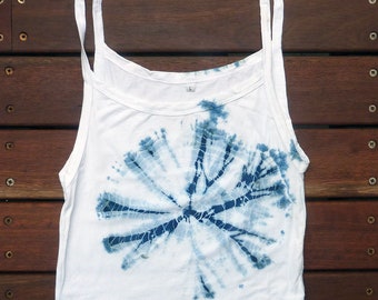 Camiseta sin mangas con efecto tie-dye Shibori teñido a mano en índigo natural, talla L, algodón orgánico