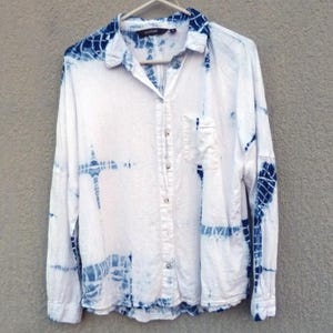 Glassons Brand Indigo Handgefärbtes Shibori Tie Dye Leinen / Viskose Hemd Größe XS