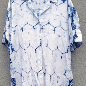 Glassons Brand Indigo Handgefärbtes Shibori Tie Dye Leinen Kurzarmhemd Größe 10