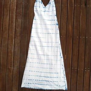 Full Length Sleeveless Dress Indigo Natural Hand Dyed Linen and Viscose Shibori Size 8