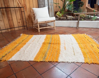 Tapis double coton recyclé Jaune blanc 120/170 cm  éthique  écologique  confortable  et design scandinave contemporain