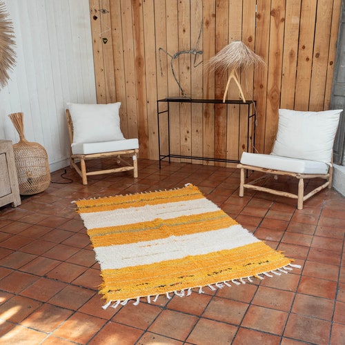 Double carpet recycled shops cotton Yellow white 120/170 cm ethical ecological comfortable and contemporary Scandinavian design