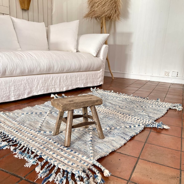 Tapis couloir Tapis berbère kilim zanafi bleu et blanc en laine 160cm 100cm