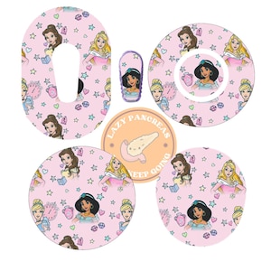 May include: A set of six pink and white insulin pump covers featuring Disney princesses. The covers have a pink background with white stars, hearts, and princess images. The covers are designed to fit standard insulin pump sizes. The covers are also available in a variety of other designs.