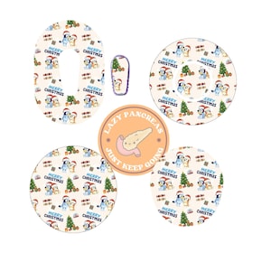 May include: A set of adhesive patches featuring a repeating Christmas pattern with cartoon dogs in Santa hats, Christmas trees, and the text Merry Christmas. Includes a circular sticker with a cartoon pancreas and the text Lazy Pancreas Just Keep Going.