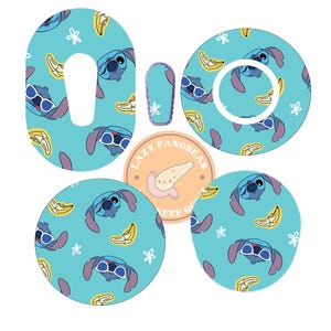 以下が含まれることがあります： 青い毛皮、サングラス、バナナを持った漫画のキャラクターが描かれた、カラフルなステッカー5枚セット。ステッカーは医療機器用で、「Lazy Pancreas Keep Going」の文字が書かれています。