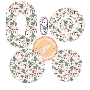 May include: A set of adhesive patches for medical devices featuring a repeating Christmas pattern of snowmen, green pine trees, gingerbread men, candy canes, and gift boxes on a cream background, including a circular logo with the text Lazy Pancreas.