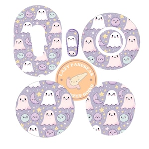 May include: A set of adhesive patches for medical devices featuring a light purple background with a repeating pattern of white ghosts, yellow stars, and light blue moons. A circular sticker in the centre displays the text LAZY PANCREAS KEEP GOING.