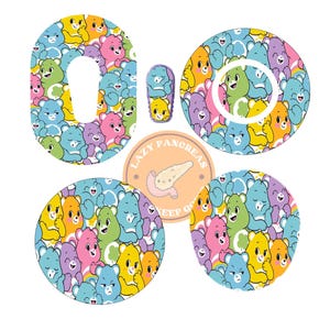 May include: A selection of Care Bear-themed stickers and decals in various shapes. The designs include a number zero, a small nail decal, and several circular stickers. The stickers feature Care Bears in shades of blue, yellow, pink, green, and purple.