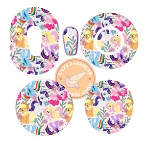 May include: A selection of vibrant stickers with cartoon ponies, rainbows, and flowers on a pale pink backdrop. One sticker is a circle with the text "Lazy Pancreas Keep Going". Other stickers are shaped like the number zero and a small oval.