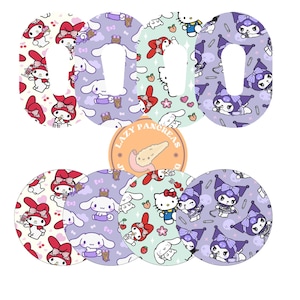 May include: A collection of decorative patches featuring cartoon characters. Designs include My Melody, Cinnamoroll, Hello Kitty, and Kuromi, in various colors. A circular patch with the text "LAZY PANCREAS" is also included.