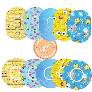 May include: A selection of vibrant, circular stickers showcasing SpongeBob SquarePants and associated characters. Designs include SpongeBob's face, jellyfish, and aquatic themes. A central sticker reads "LAZY PANCREAS JUST KEEP GOING."