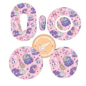 May include: A set of five pink and purple patterned medical device stickers with a witchy theme. The stickers feature a cauldron, a broom, a frog, a cat, a skull, a potion bottle, and a crystal ball. The stickers are designed to cover insulin pump and continuous glucose monitor devices. One sticker features the text "Lazy Pancreas Keep Going".
