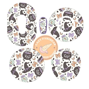May include: A set of four round, white, adhesive stickers with a whimsical Halloween theme. The stickers feature a repeating pattern of black cauldrons, witches' hats, stars, moons, bows, and potion bottles. The text "Lazy Pancreas Keep Going" is printed on one of the stickers.
