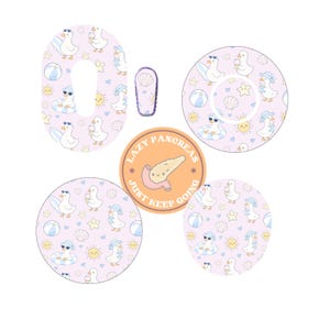 May include: A set of adhesive medical device patches in various shapes featuring a light purple background with a repeating pattern of white ducks, beach balls, seashells, and suns, alongside a circular sticker with the text Lazy Pancreas Just Keep Going.