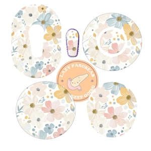 Könnte beinhalten: Satz mit fünf runden und ovalen Aufklebern mit einem Blumenmuster in Weiß-, Rosa-, Gelb- und Blautönen. Die Aufkleber zeigen eine skurrile Illustration einer Bauchspeicheldrüse mit dem Text "Faule Bauchspeicheldrüse, mach weiter".