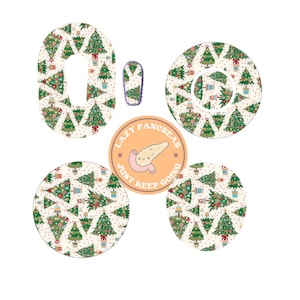 May include: A set of adhesive patches featuring a repeating Christmas tree pattern on a cream background with red dots. The set includes various shapes and a central circular sticker with a cartoon pancreas and the text LAZY PANCREAS JUST KEEP GOING.