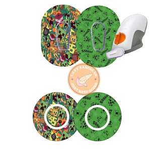 Könnte beinhalten: Vier runde Aufkleber mit grünem und schwarzem Muster und dem Text "LAZY PANCREAS JUST KEEP GOING" auf einem Aufkleber. Die Aufkleber sind so konzipiert, dass sie medizinische Geräte abdecken.