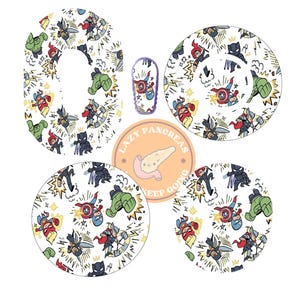 May include: Three round white stickers with a cartoon design of superheroes fighting. The stickers have a white background with black outlines and yellow lightning bolts. The text "Lazy Pancreas Keep Going" is on a peach-colored sticker with a cartoon pancreas.